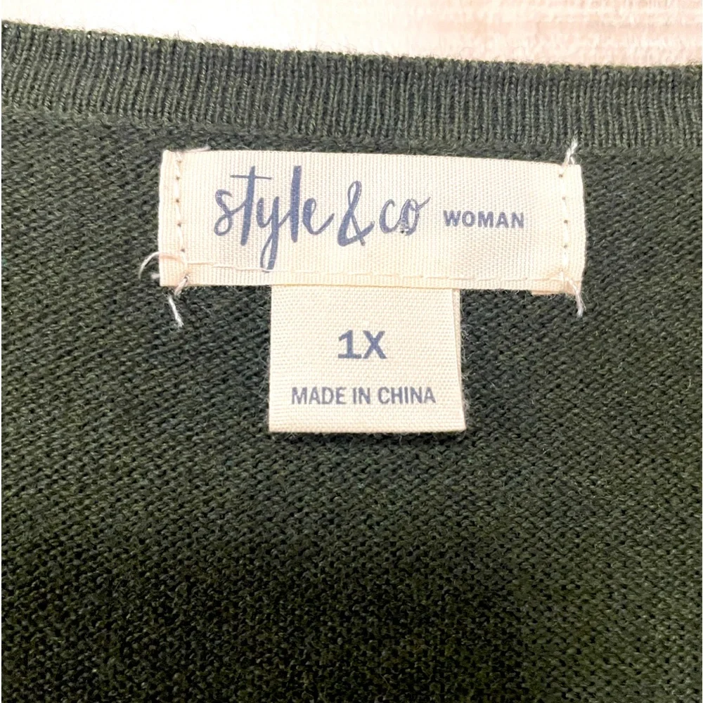 NWT Style & Co Dark Green V Neck Ruffle Sleeve Sweater Pullover Sz 1X - Picture 3 of 5
